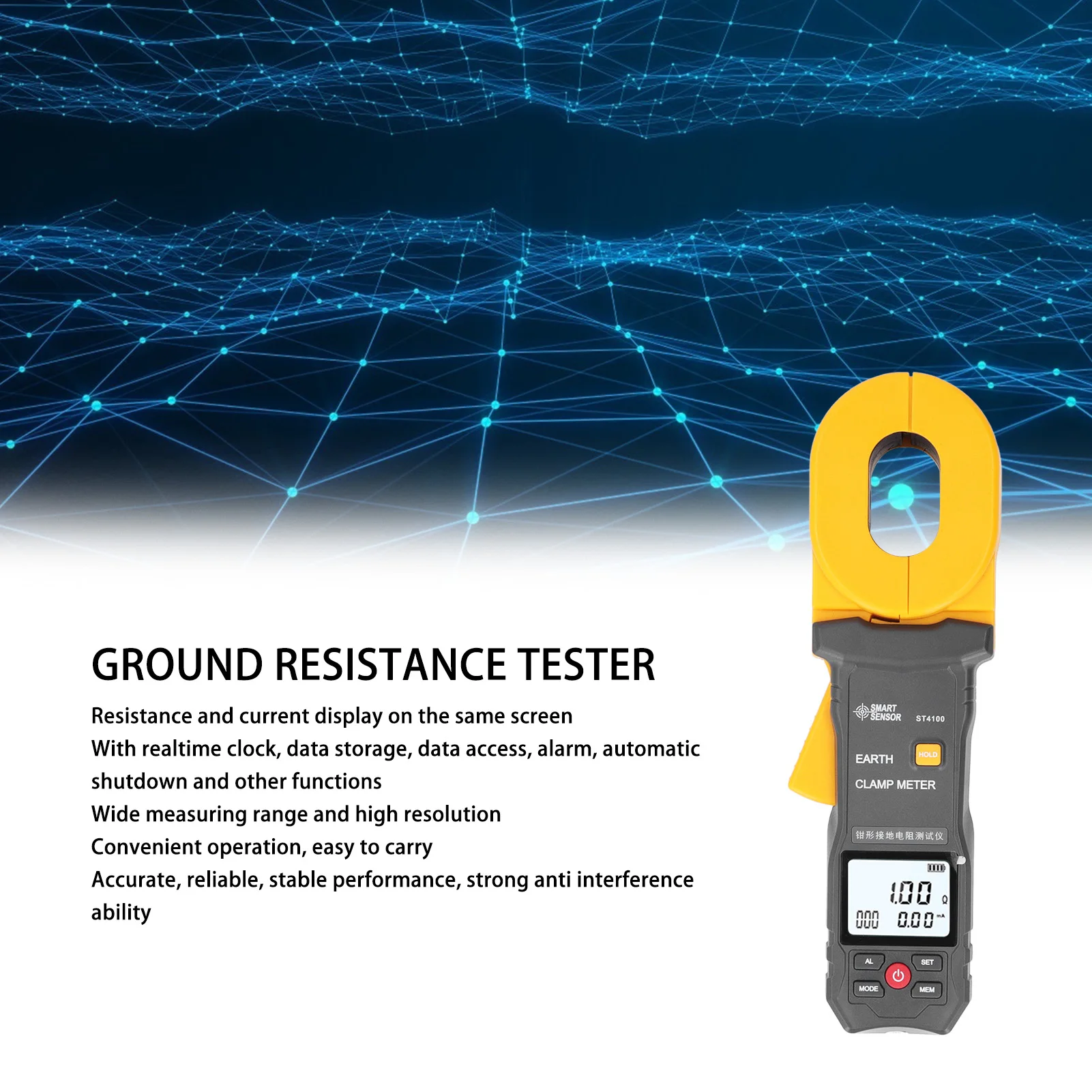 ST4100 Digital LCD Clamp Ground Resistance Meter Ground Earth Resistance Meter Tester Resistance range 0.010~500Ω Data Storage