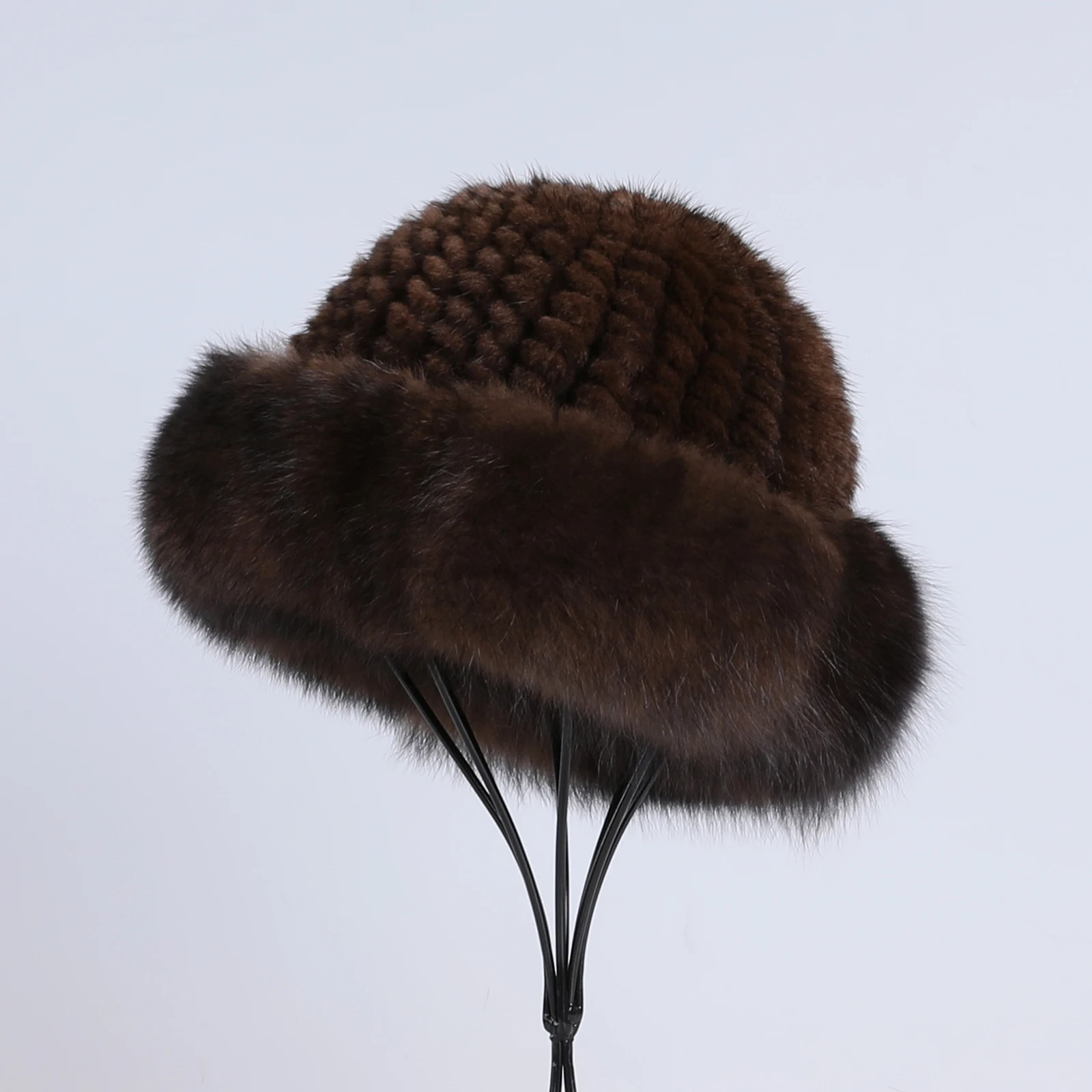 Frauen Winter warm echte Premuim Nerz Fell gestrickt Eimer Hut pelzigen Echtpelz Kappen Big Fox Pelz besatz Krempe verstellbar – Detail 21