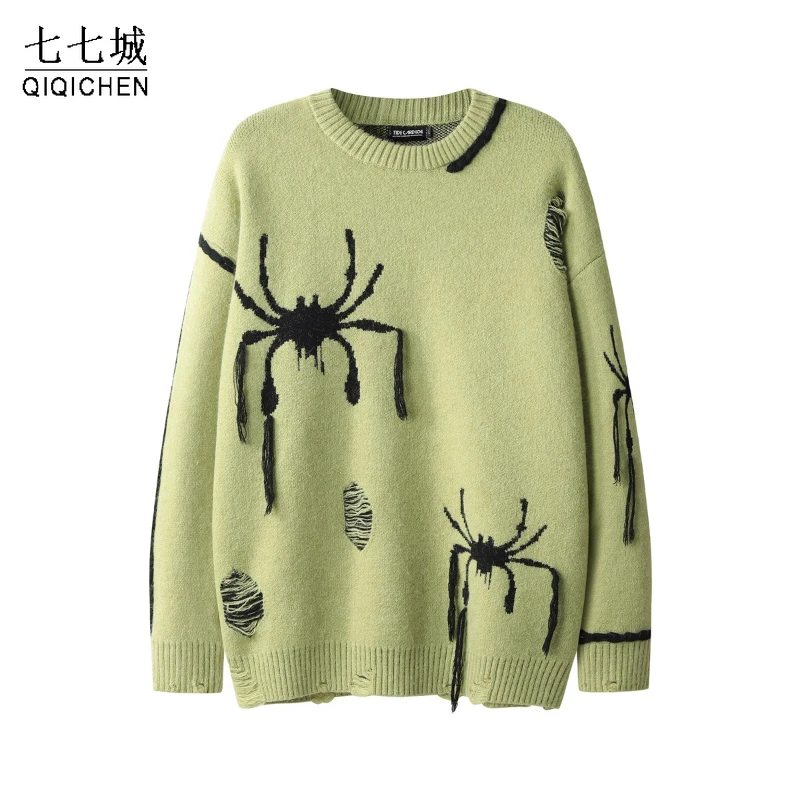 

Hip Hop Knitted Sweater Men Women Color Blocking Spider Tassel Sweaters Autumn Winter Casual Oversize Pullover Unisex Streetwear