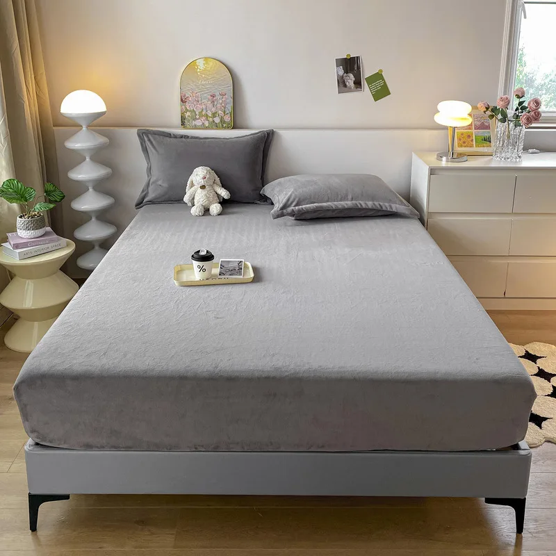 Solid color milk fleece fitted sheet 3-piece set thickened fully enclosed mattress cover winter warm mattress cover