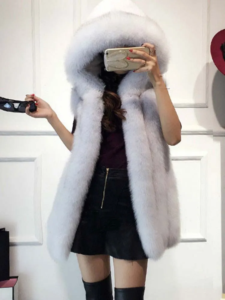 ZARORIN Trend Fashion Women FAUX Fox Fur Vest Hooded Thick Warm Female Outerwear Faux Fur Coat Mex Chaquetas Mujer