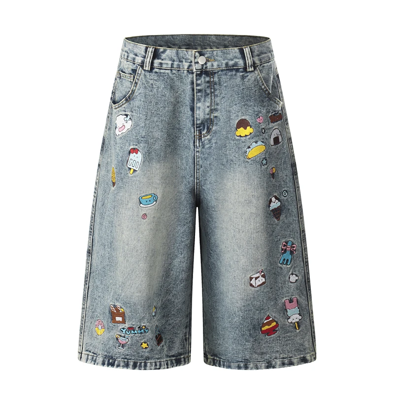 

GXFortune American Street Cartoon Embroidery Jeans Loose Fit mid Waist Washed Denim Shorts for Men And Women Summer Season