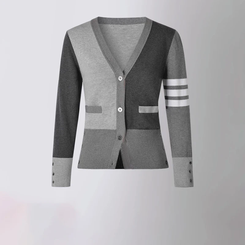 

Женский вязаный кардиган Holy TB, классический корейский бренд, свитера в полоску с v-образным вырезом и 4 полосками, высокое качество, шерстяной тонкий студенческий стиль, Thom Knitwea