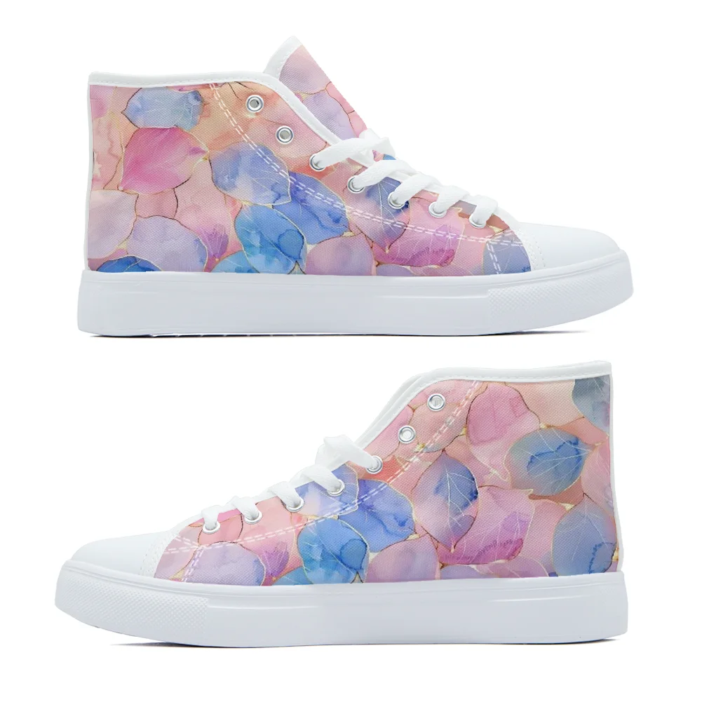

Elegant high-top canvas shoes with pink and purple leaf and gold stripes print high-quality casual sneakers and fashion shoes