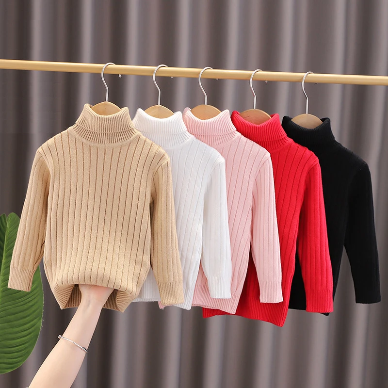 Autumn Winter Girls Sweater Fashion High Neck Vertical Stripe Design Full Sleeve Knitted Bottoming Shirt For 2-6 Years Kids