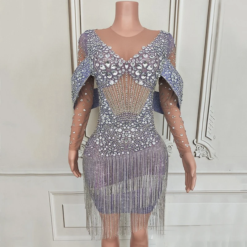 Sparkly Full Rhinestones Party Dress Women Singer Fringed Gown Jazz Costume Stage Festival Outfit Bar Dj Ds Clubwear XS9069