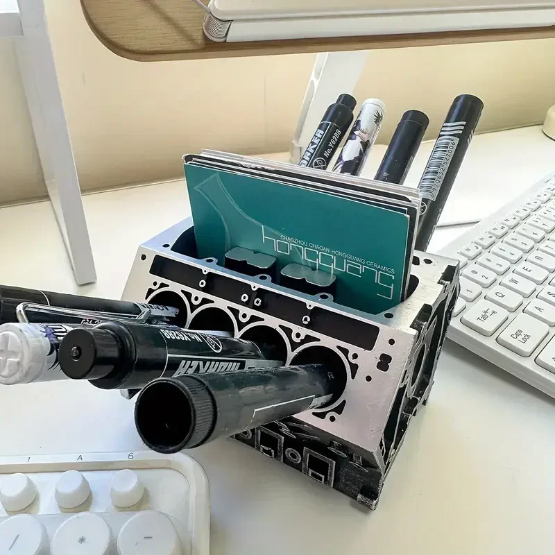 

Creative Engine Block Desk Organizer Business Card Pen Holder Perfect Gift for Car Enthusiasts Resin Construction
