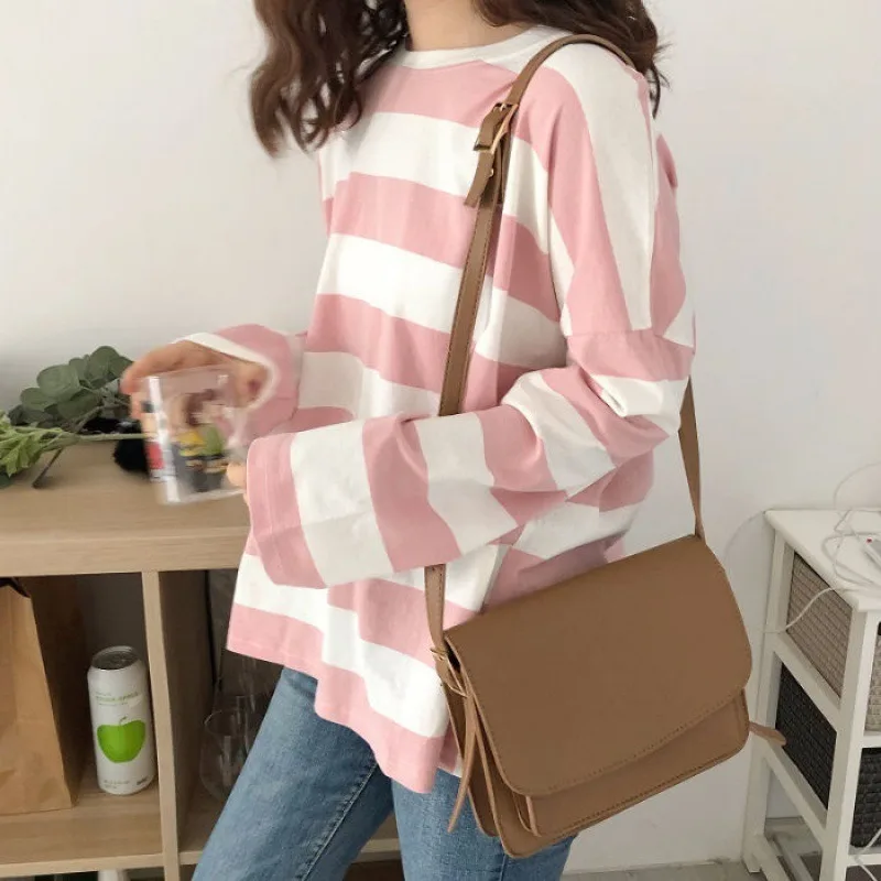 Korean Version of Harajuku Style Striped Long Sleeved T-shirt for Women's College Style Trendy Top with A Base Shirt