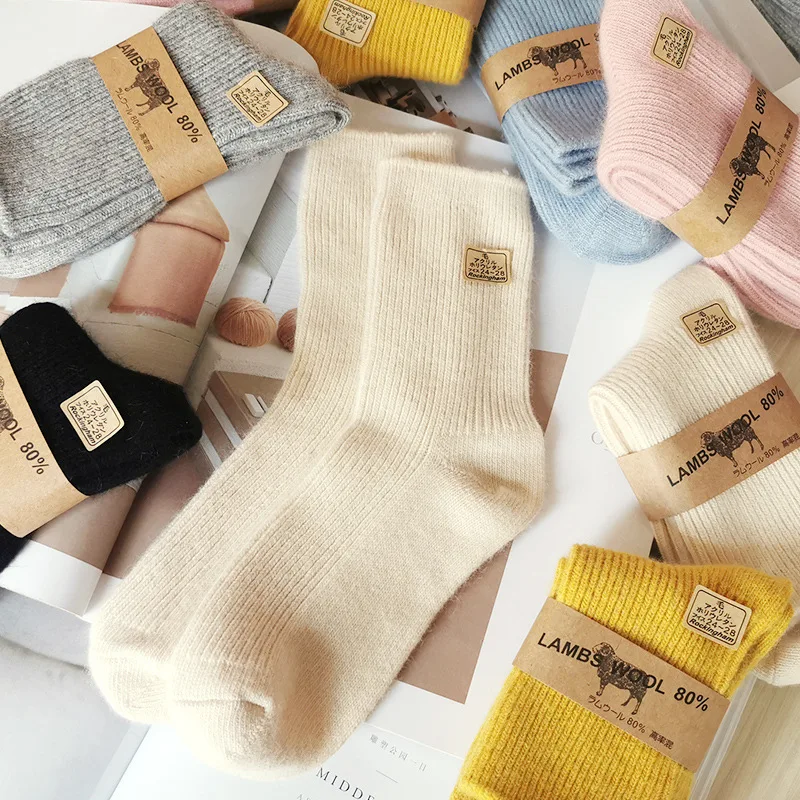 2 Pairs Pure Cashmere Wool Warm Women's Socks Merino Heating Winter Thick Pure Wool Mid-calf Women's Socks Kawaii Cute Socks