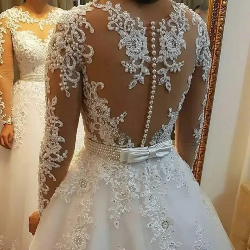 Detachable Train Wedding Dresses Princess Vestido De Noiva Lace Appliques Pearls Bridal Gowns 2 In 1 Ball Gown