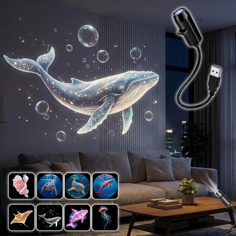 USB Ocean Projector Night Light 360° Rotating with 6/8 Replaceable Films Ambient Lamp for Halloween Party Bedroom Ceiling Decor