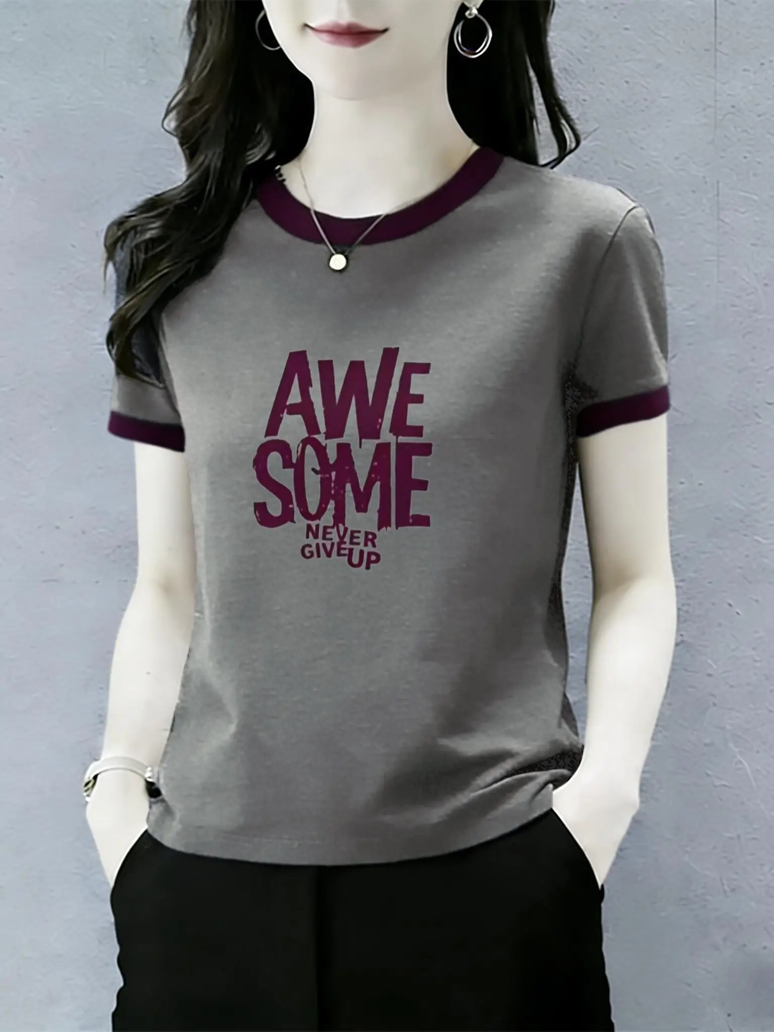 

Color Block round Neck Short Sleeve T Shirt Women's Fashion Slim Fit Base Shirt Summer Casual Breathable Polyester Fiber Print
