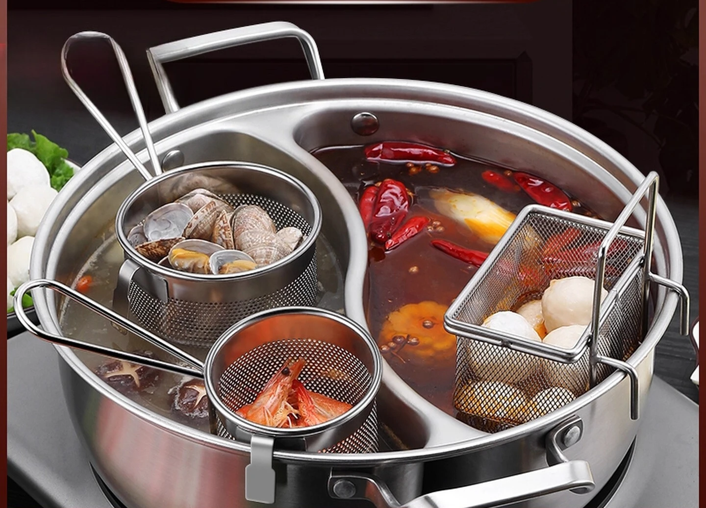 

Китайская горячая кастрюля из нержавеющей стали 316, двойная суповая кастрюля, цельный дизайн, индукционная плита, кухонные принадлежности