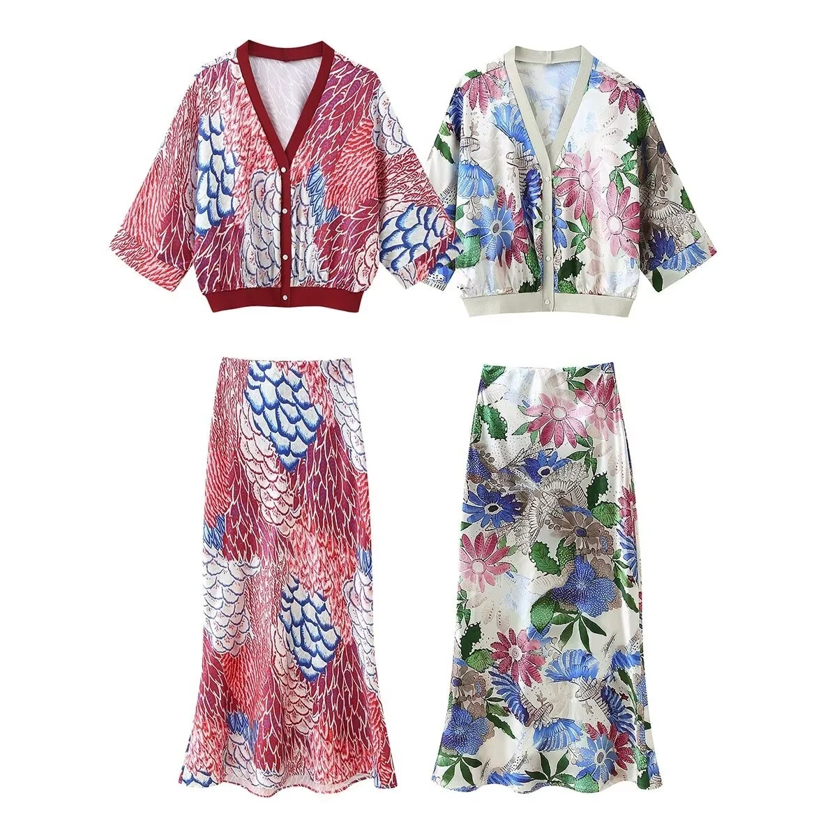 

2025 новый летний женский повседневный модный топ с рукавами три четверти и v-образным вырезом с принтом + длинная прямая юбка