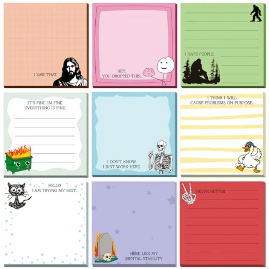 

9 Pads Cute Sticky Notes Cartoon Self Stick Notepads 3x3 Inches Notes Adhesive Memo Pad Office Decor Gifts for Students School