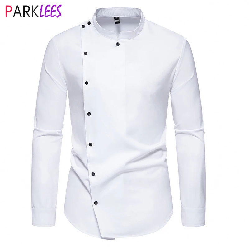 

Mens Slant Placket Dress Shirts 2024 Brand New Banded Collar Long Sleeve Shirt Men Casual Chef Uniform Shirt Male Chemise Homme