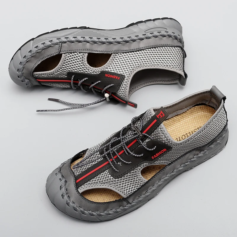 Summer New Men's Mesh Shoes Hollow Breathable Sandals Beach Shoes Men's Outdoor Camping Shoes Trend Casual Shoes Thick Sole