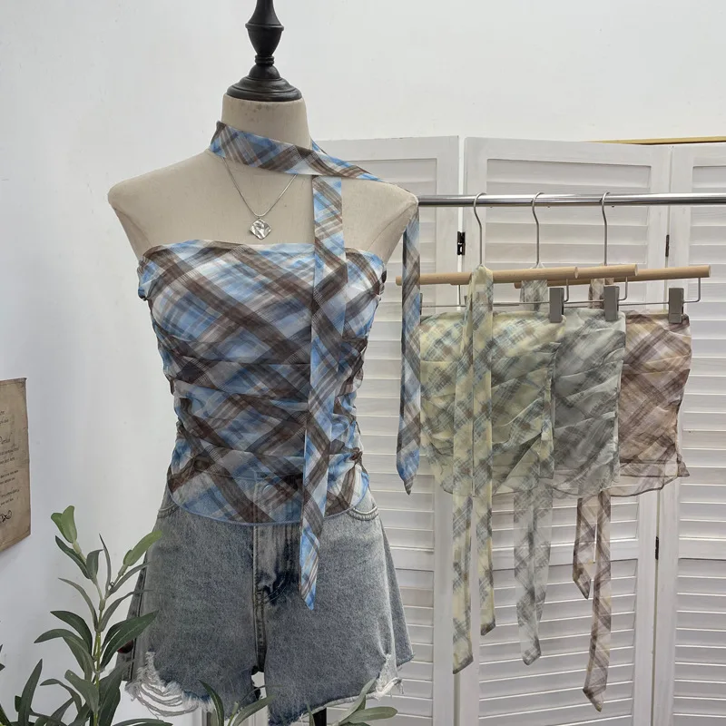 Women Plaid Print Mesh Strapless Tube Top Built In Padded Anti Slip Strip Ruched Sleeveless Bow Ribbon Crop Tank Tops8166