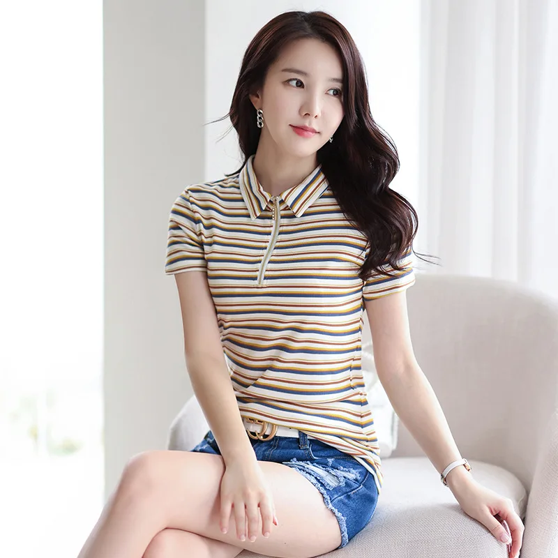 

Summer Polo Shirt Women Short Sleeve Zipper Casual Cotton Tops Striped Polos Mujer New Arrival 2023 Fashion Tees