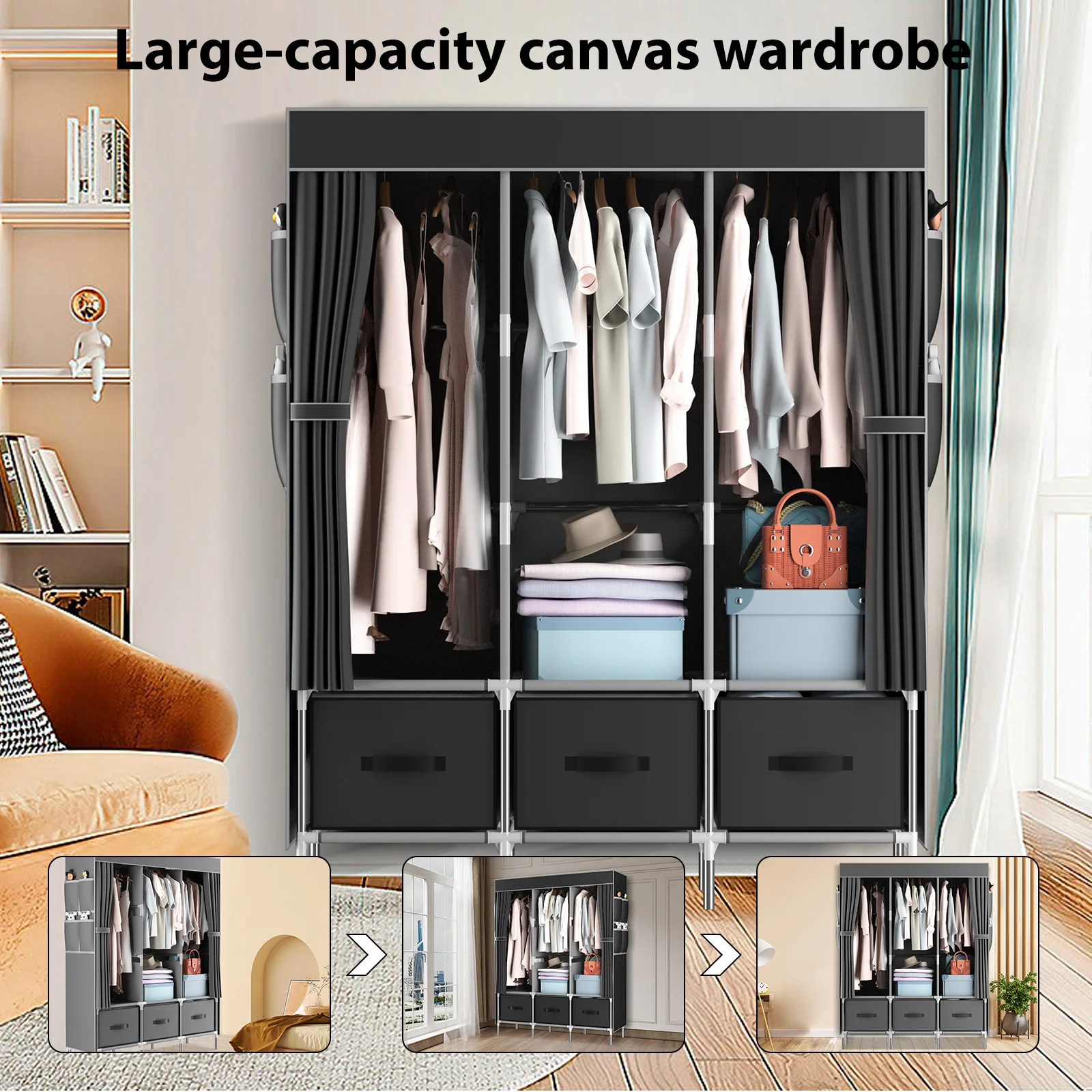 LOEFME Large Canvas Wardrobe Clothes Closet Cupboard With Shelves and 3 Storage Drawers