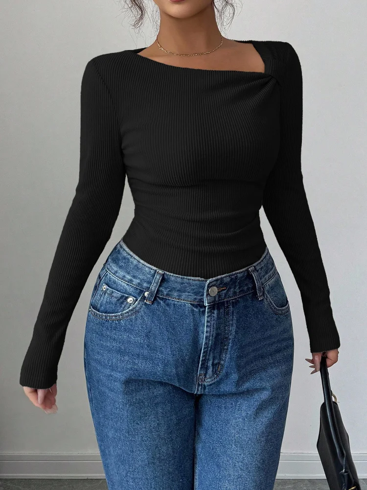 

Базовый однотонный вязаный пуловер, женский модный тонкий короткий свитер с нерегулярным вырезом и длинными рукавами, женские повседневные офисные пуловеры для поездок на работу