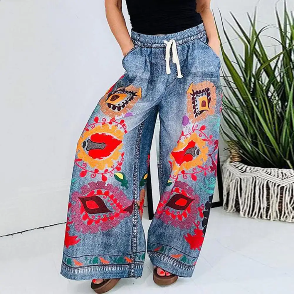 Imitatie Denim Zakbroek Overdreven Bedrukte Broek Met Wijde Pijpen En Elastische Taille Voor Dames En Imitatie Van Zakken