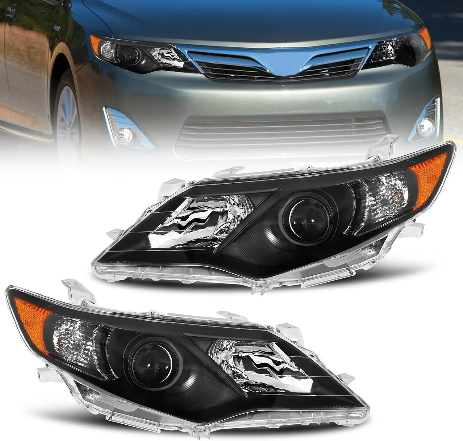 Black Housing Amber Reflector Headlight Assembly for 2012-2014 Camry L/LE/XLE/Hybrid (12, 13, 14)