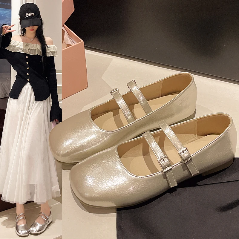 レディースレトロフラットヘッドメアリージェーンズシングルボタンソフトレザーローカット韓国スタイル日常着快適なフラット