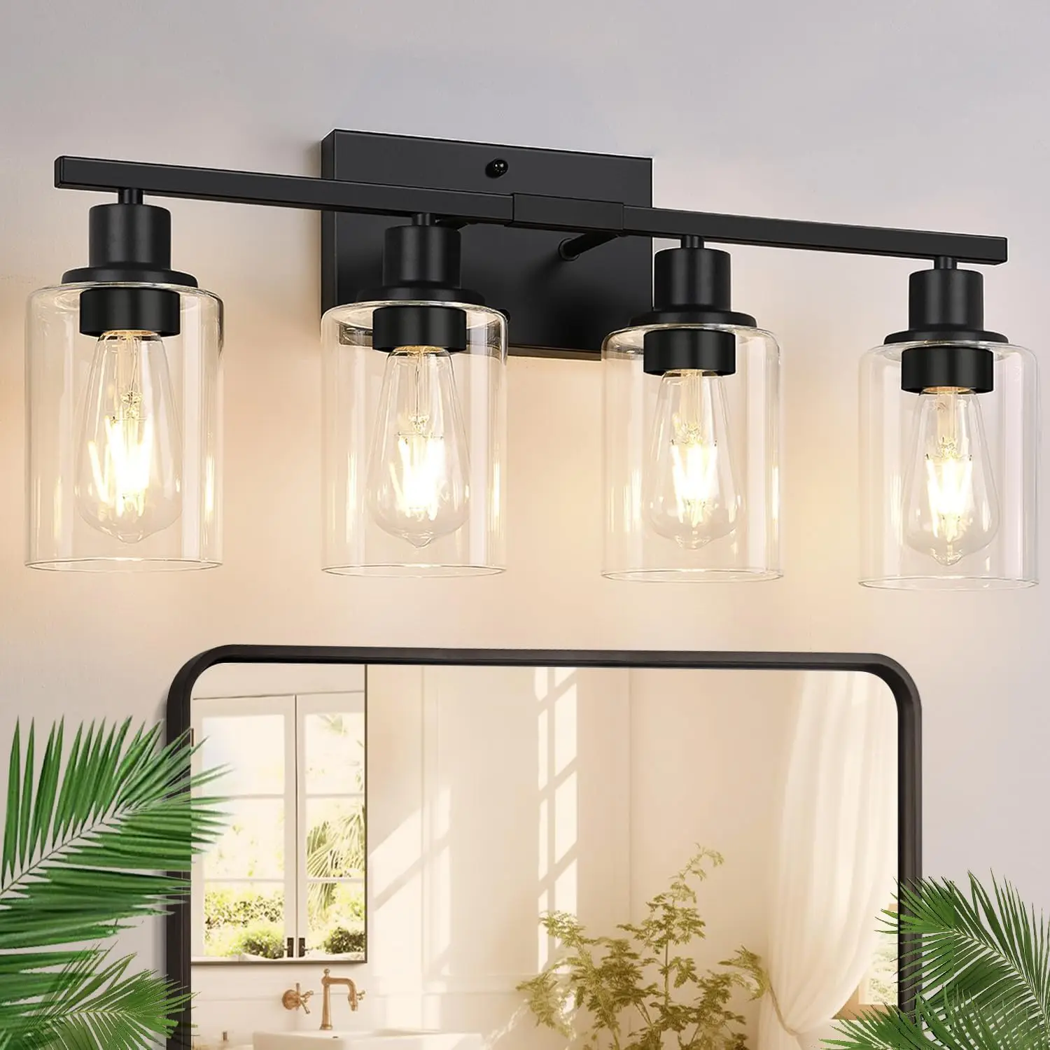 

Matte Black Modern Vanity Lights with Clear Glass Shades, 4-Light Bathroom Fixture for Mirror Living Room Cabinet Bedroom Porch