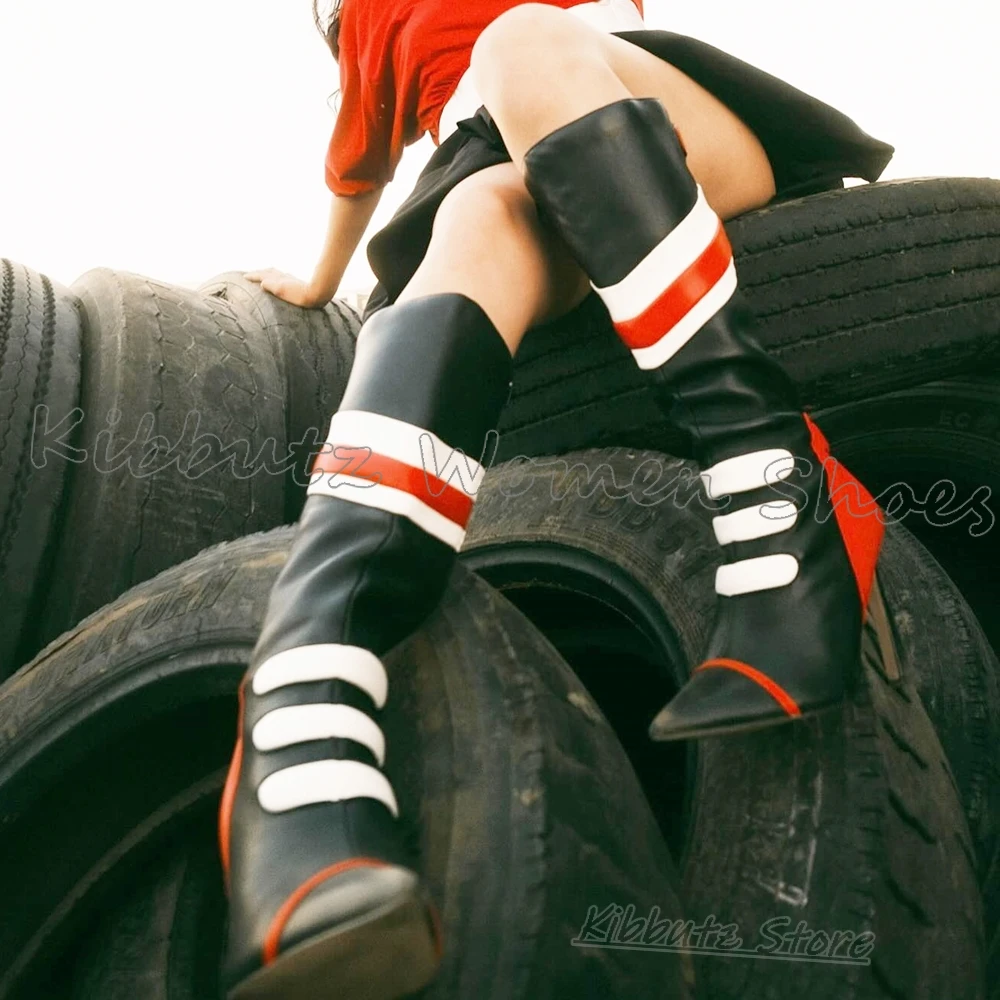 

Knee High Boot Patchwork Leather Novelty Fashion Concise Sexy Elegant Mixed Color Slip-On Spicy Girls Shoes Pointy Thin Heel New