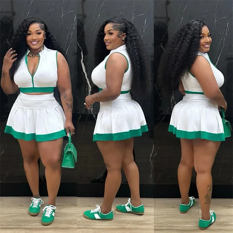 

Sporty Casual 2 Pieces Set for Woman Summer Clothes 2025 Sleeveless Zipper Turn-down Collar Crop Top and A-line Mini Skirt Sets