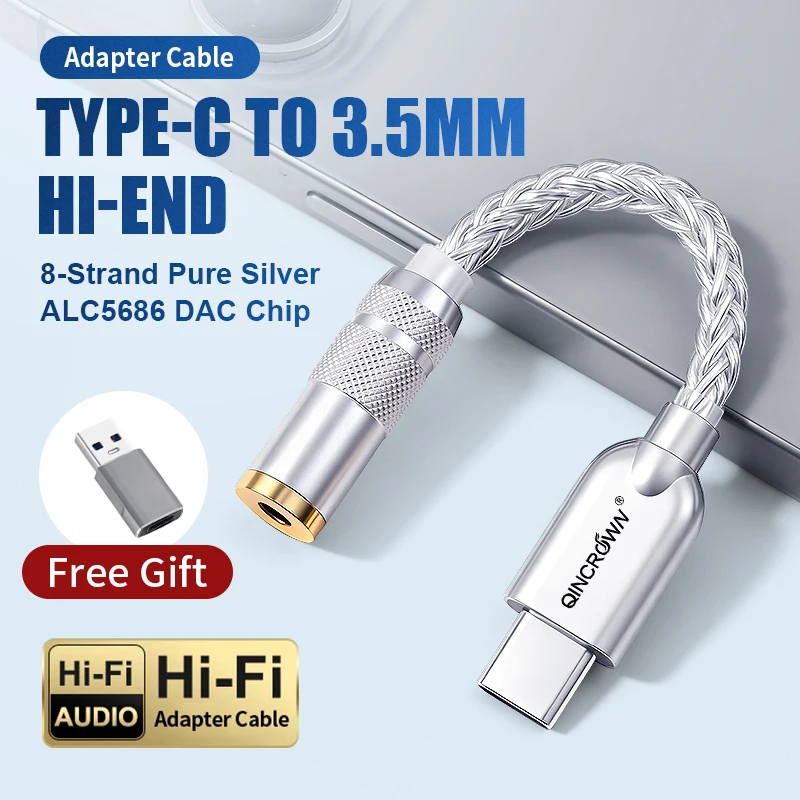 Type C to 3.5mm Audio Adapter ALC5686 DAC Chip Pure Silver Core HiFi Decoding Cable for Phone Laptop Headphone Amp