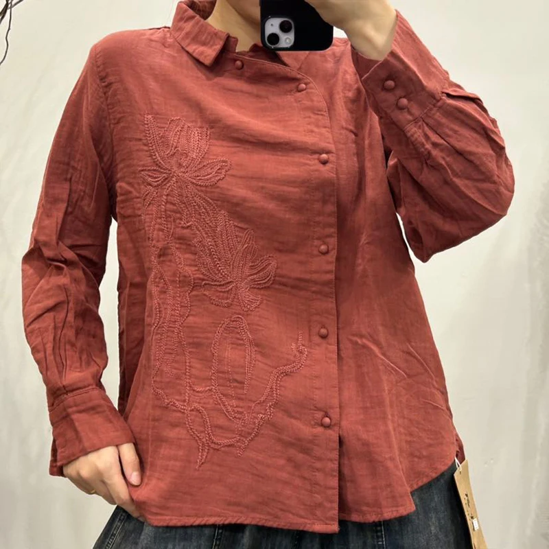 中国風デザインの刺繍入りシャツ レディースファッション ゆったりカジュアルトップス ヴィンテージ風エレガントなコットンリネンブラウス