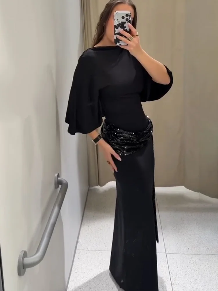 ชุดเดรสยาวผู้หญิงแฟชั่นเซ็กซี่ โชว์หลัง แขนสั้น แต่งเลื่อมแบบไม่สมมาตร สีพื้น เรียบหรู สำหรับงานปาร์ตี้และงานกลางคืน