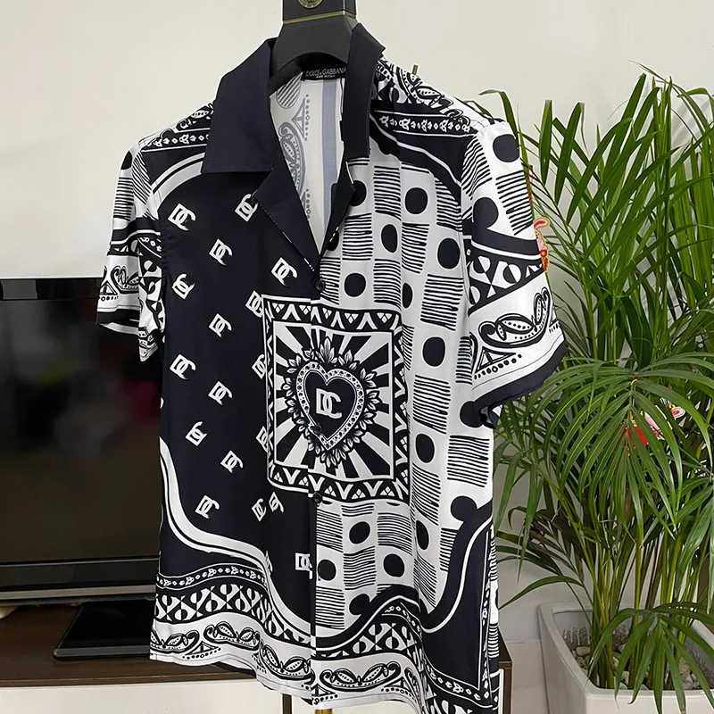 Luxury Royal Shirt Men Casual Letter Printed Short Sleeve Mens Social Paisley Shirt Manga Longa Prom Party Shirts Chemise Homme