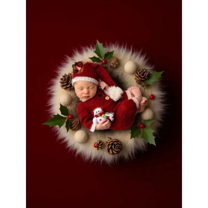 

Детский рождественский фотокостюм — вязаный комбинезон из мягкого мохера с подходящей шляпой — реквизит для студийной фотографии новорожденных (красный/белый)