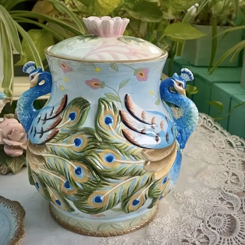 Sculpture Ceramic Peacock Candy Storage Jar, Home Decor, Living Room Decoration, Dried Fruit Jar, Kitchen Food Container