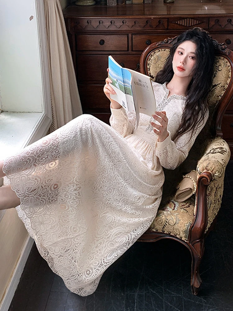 ชุดเดรสยาวสไตล์หวานแบบแฟรี่คอร์สำหรับผู้หญิง เสื้อผ้าผู้หญิงหรูหรา ผ้าลูกไม้โปร่งปักลายเพชร ชุดราตรีงานเลี้ยง ชุดออกงาน ชุดฤดูใบไม้ผลิ