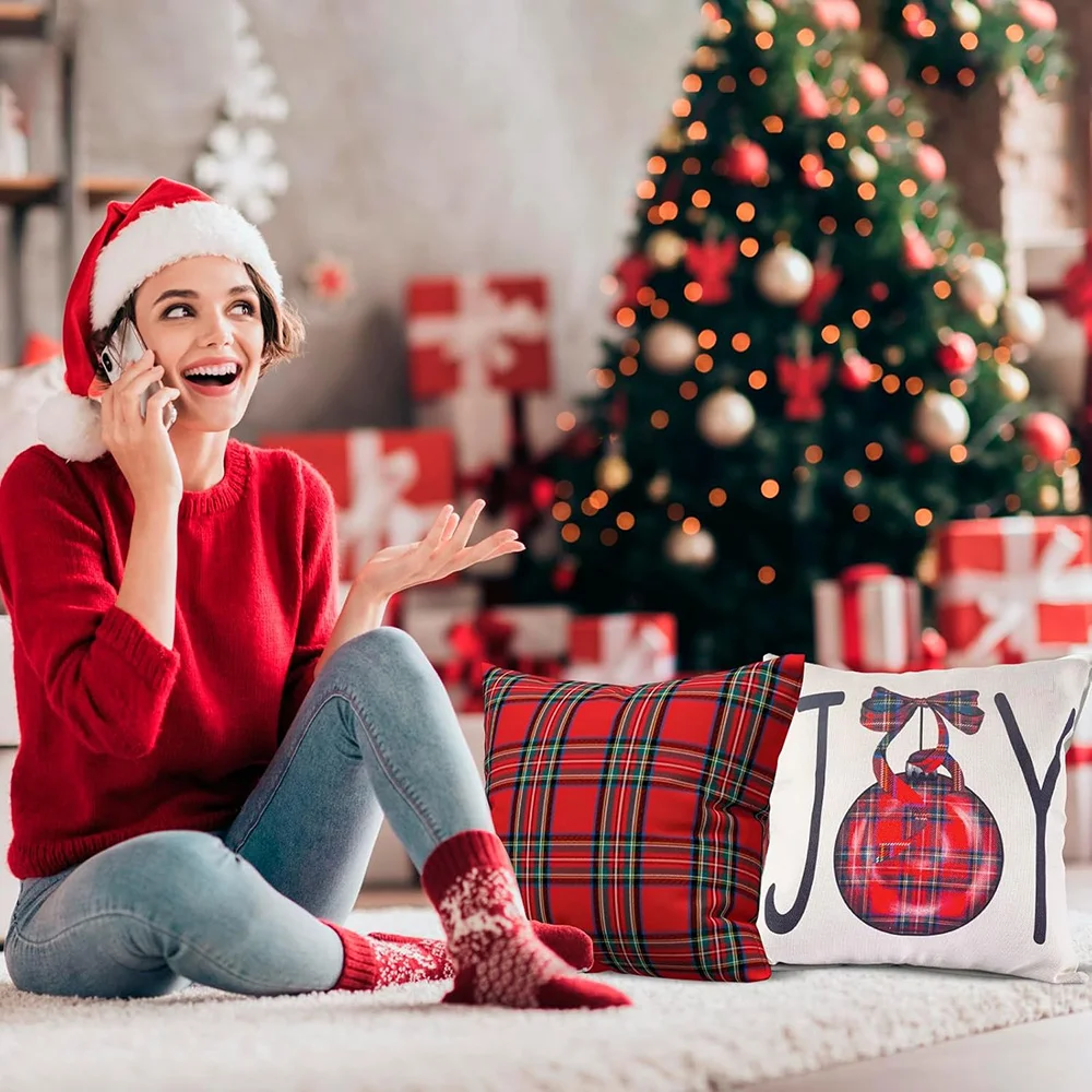 Short plush material pillowcaseChristmas-Themed Pillowcases: Plaid & Festive Designs with Joy and Merry Christmas Prints sofas,