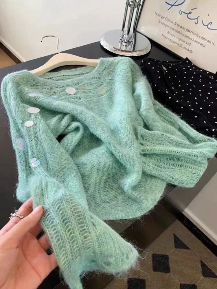 Mint Green Thin Sweater Fashion Shell Sequin Hollow Knitted Cover Sweater O Collar Long Sleeved Women's Top Spring Autumn New