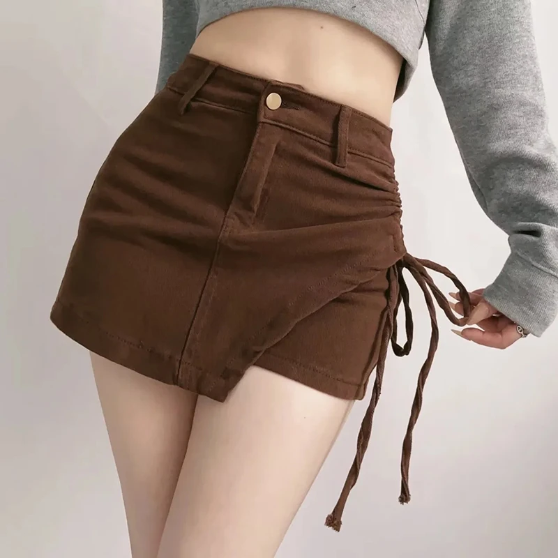 

Gidyq Retro Shorts Skirt Women American Sexy Side Drawstring High Waist Hip Wrap Skirt Casual Streetwear Irregular Ladies Shorts