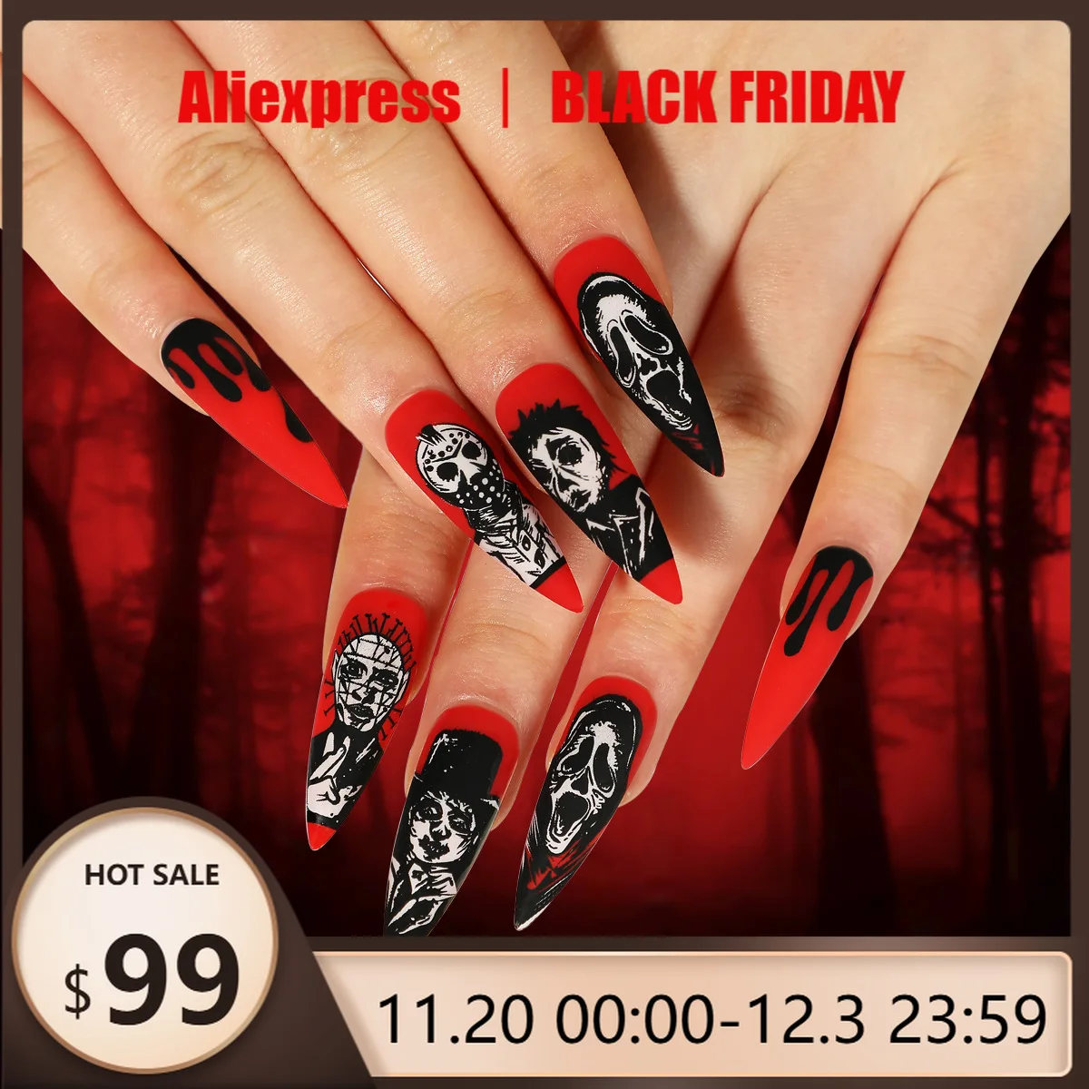 

24pcs Black Y2k Press on Nail Halloween Long Almond Full Cover Artificial Coffin Fake Nails Seamless Removable False Nails