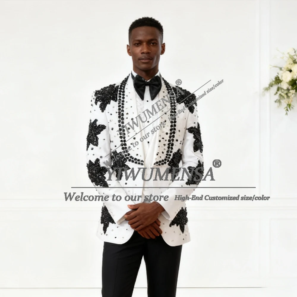 

Смокинг ручной работы для жениха, черный блейзер с вышивкой из бисера и бриллиантов, мужские костюмы для свадебной вечеринки, мужское шикарное платье для банкета