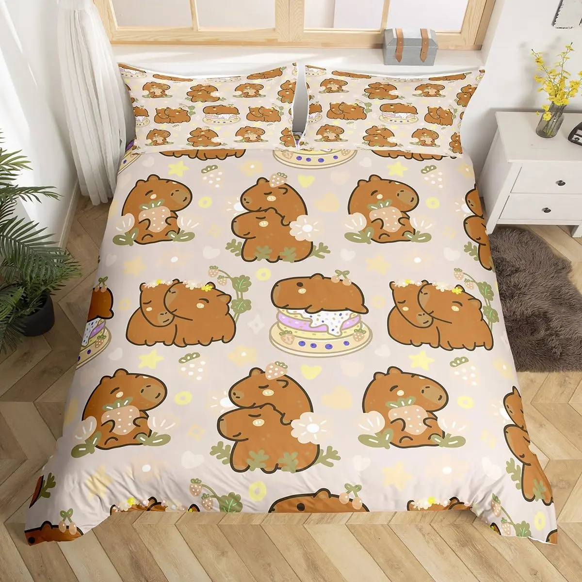 Cute Capybara Duvet Cover Set Single Size Strawberries Bedding Set With 1 Pillowcase Kawaii Cartoon Cake Cover