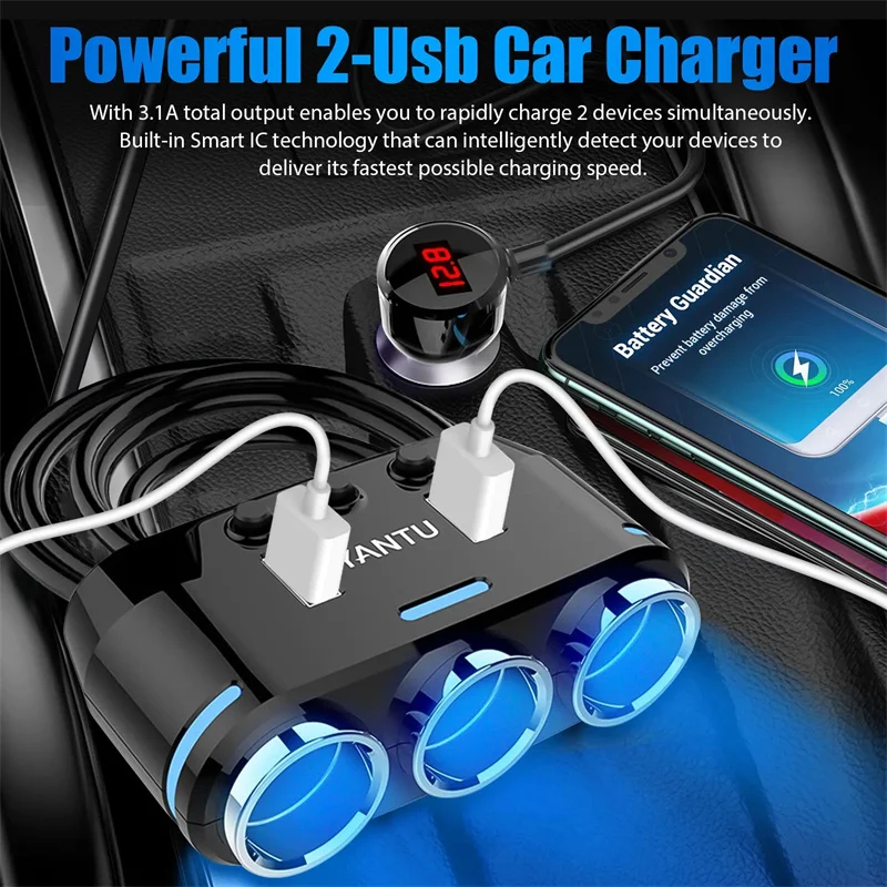 12V-24V Car Phone Charger Cigarette Lighter Socket Splitter Plug 2-USB Car Charger With Extension Cable Voltage Display