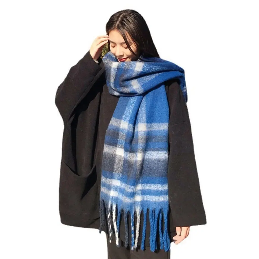 Versatile Cold Proof Women Mohair Plaid Scarf Thermal Windproof Warm Tassel Shawl Wrap 240x40CM Fall Winter Neck Scarf Casual