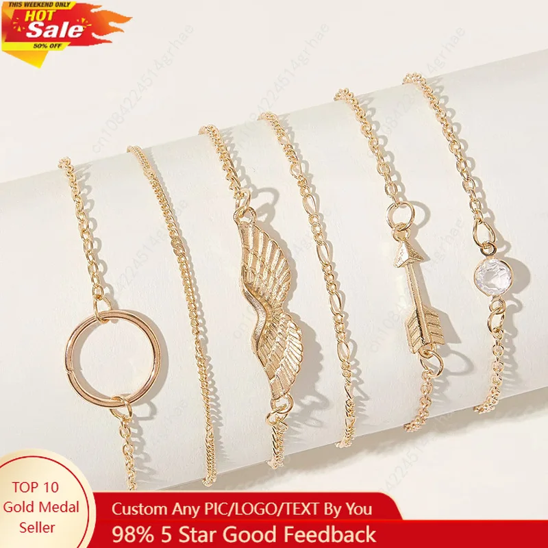 

6 Pcs Punk Gold Color Bracelets for Women Boho Simple Elegant Heart Geometric Chain Vacation Perfect for Casual Attire or Gifti