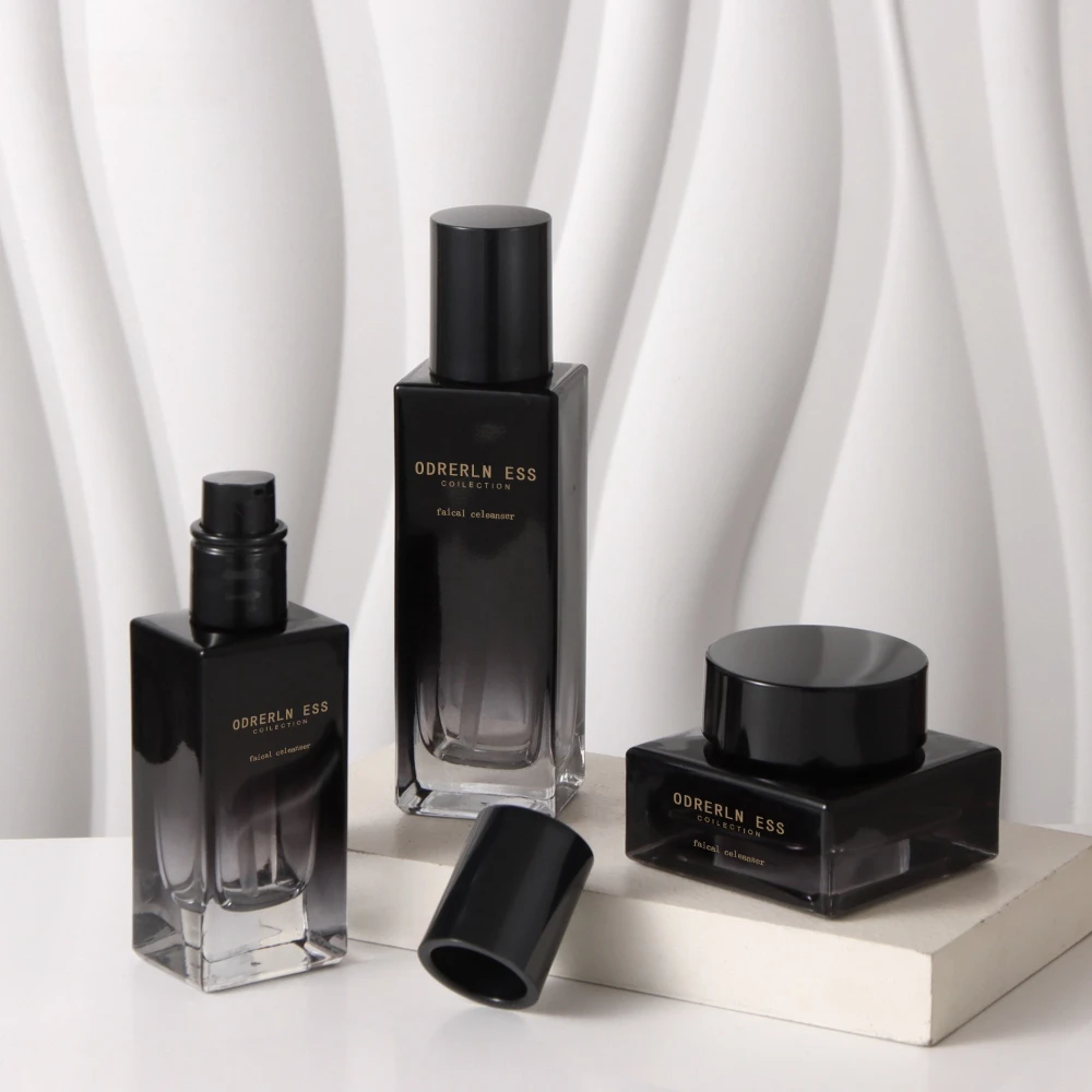 6 Stück schwarze Glasflaschen mit Farbverlauf und Pumpspender, nachfüllbare Behälter, leere Cremetiegel für Hautpflege, Lotion, Make-up-Aufbewahrung. – Detail 3