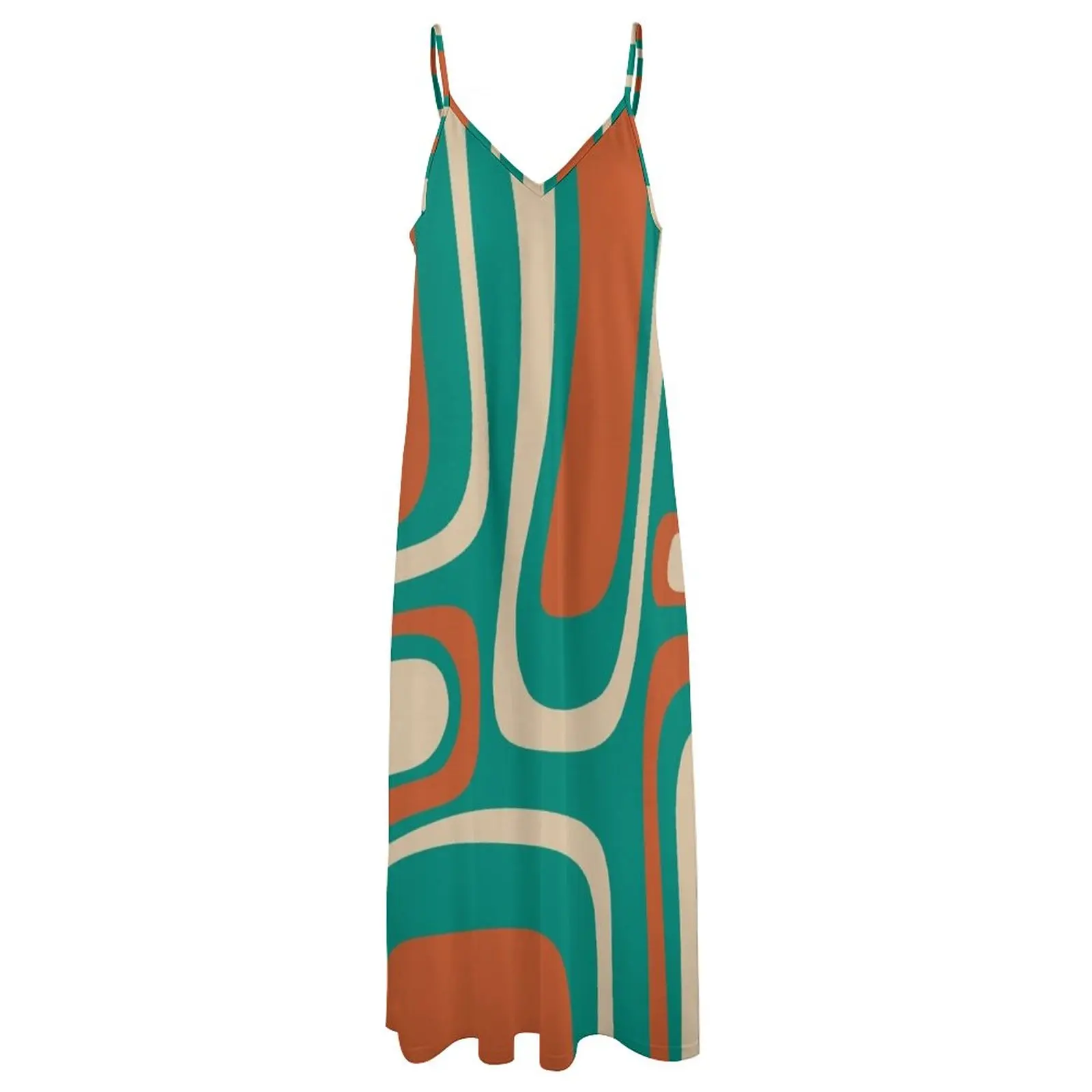 Palm Springs-Vestido Moderno Padrão Abstrato Sem Mangas, Médio Mod Laranja, Teal Turquesa, Bege e Bege, Retro Midcentury