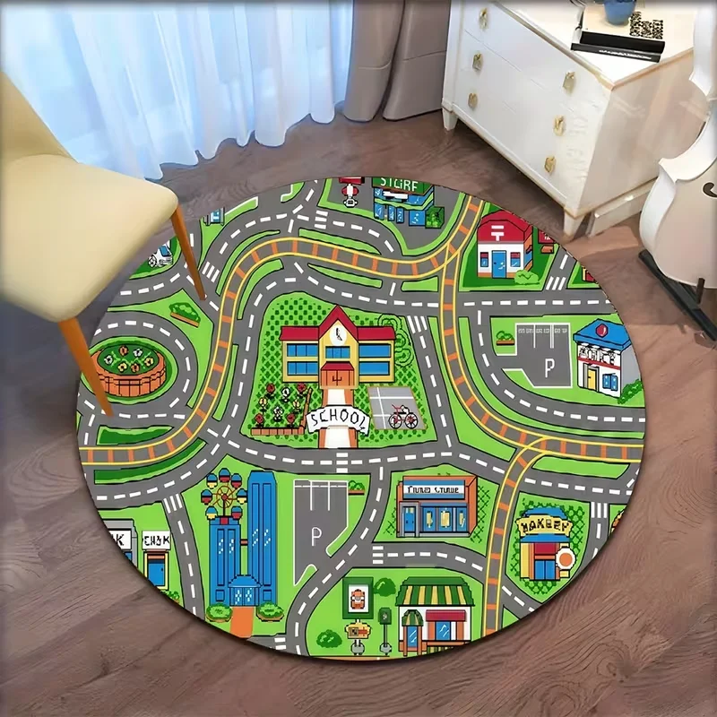 Kids City Road Map Play Round Area Rug Educational Car Track Town Floor Carpet Soft Non-Slip Interactive Game Circular Rug